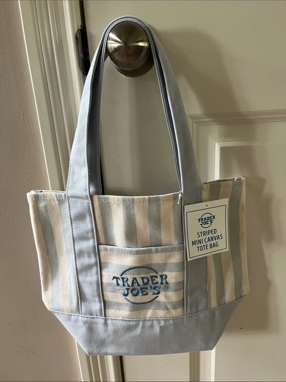 Trader Joe’s Light Blue and Cream Striped Mini Canvas Tote Bag